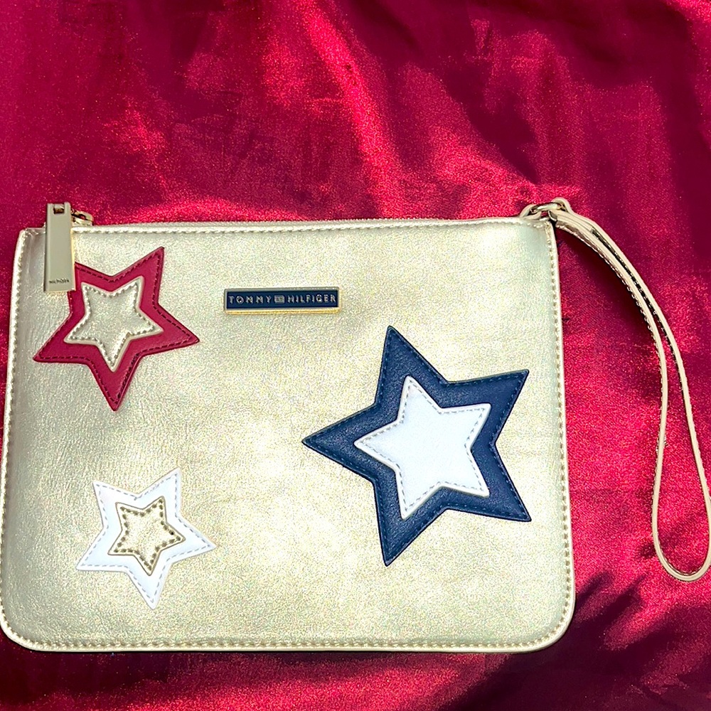 TOMMY HILFIGER Gold Wristlet Purse Red White and Blue Stars Metallic